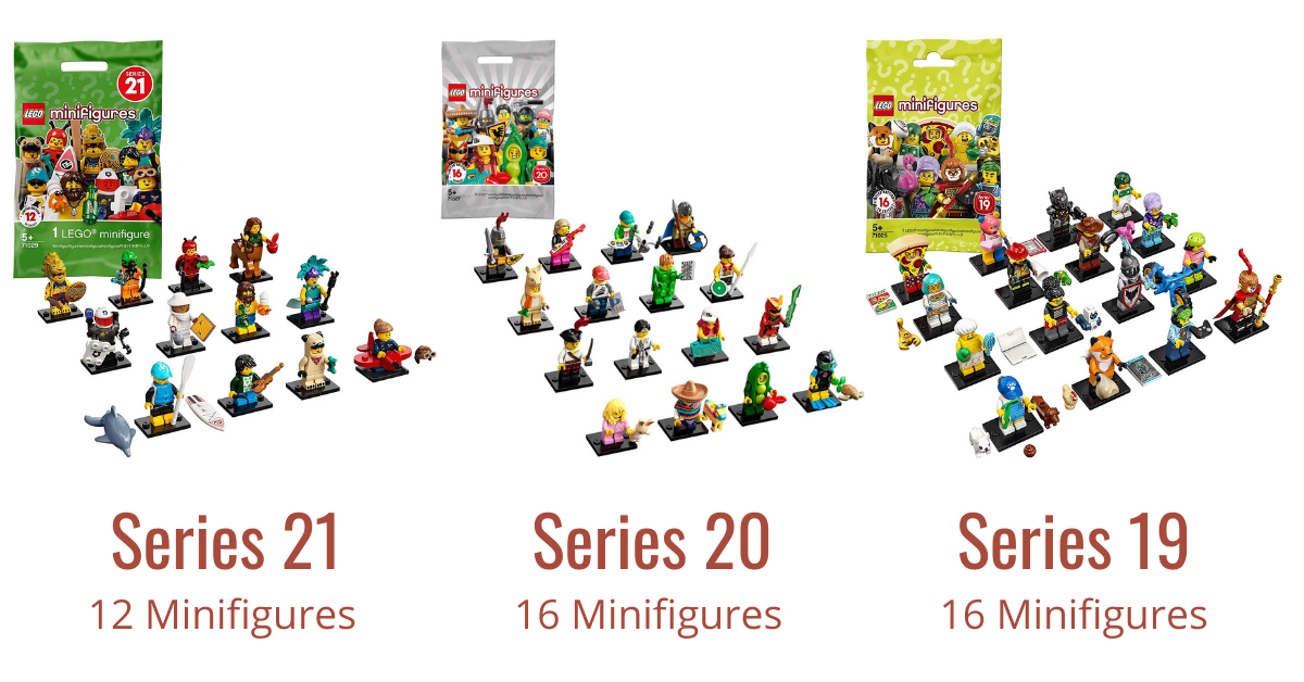 LEGO CMF Series 21, 20 and 19 number of Minifigures